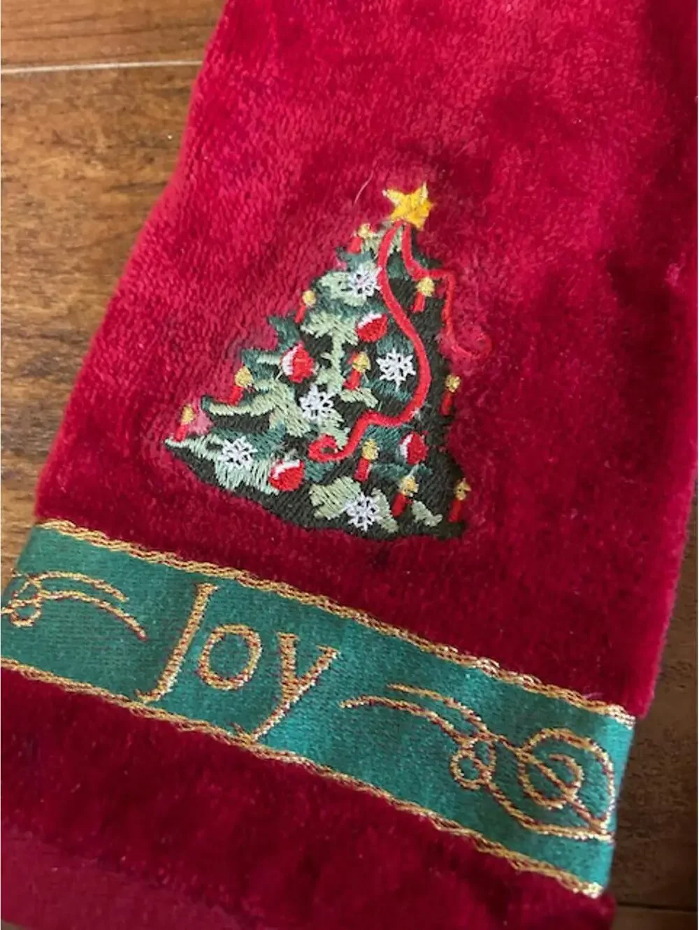 Pair of Red Christmas Themed Kitchen Towels with Tree and Joy Embroidery
